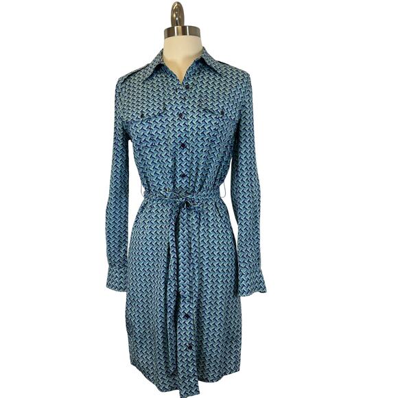 Tory Burch Dresses & Skirts - Tory Burch Blue Geometric Print Belted Button Down Silk Dress Women’s Size 2